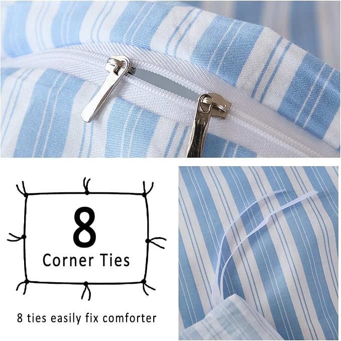 Merryword Blue and White Striped Duvet Cover Set King Size, 100% Cotton Linen Like Textured Bedding with Classic Vertical Stripes, Soft Lightweight Reversible Comforter Cover for All Seasons