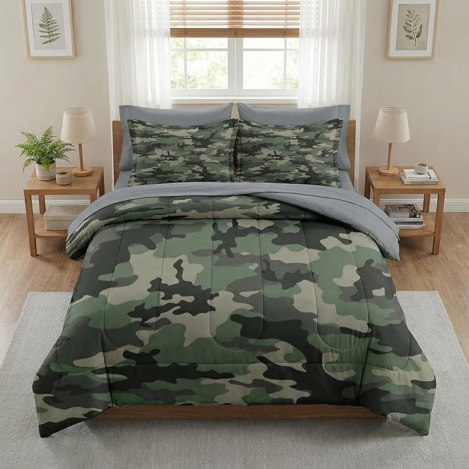 Comforter Set Full Size, Camo Army Camouflage 7 Pcs Bedding for Kids and Adults, Military Bed Sheet Sets with Fitted Sheet 2 Pillowcase & 2 Sham for Bedroom Bed Decor