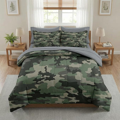 Comforter Set Twin Size, Camo Army Camouflage 5 Pcs Bedding for Kids and Adults, Military Bed Sheet Sets with Fitted Sheet Pillowcase & Sham for Bedroom Bed Decor