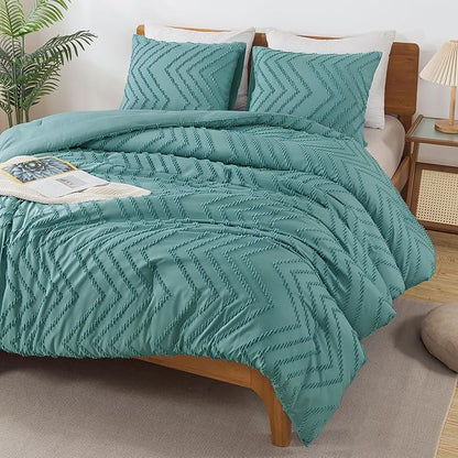 Andency Grayish Teal Comforter Set Full Size, Boho Soft Warm Bedding Comforter Sets for Full Bed, 3 Pieces Vintage Chevron Tufted Aesthetic Comforter Set