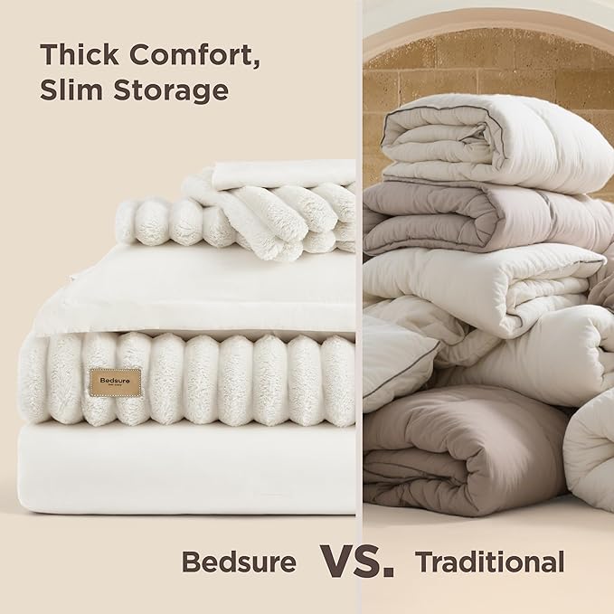 Bedsure Gentlesoft™ 2-in-1 King Size Comforter Set and Detachable Fluffy Blanket, Cream White Bedding Set For All Season Use, SnapTech™ Design for Space Saving (Includes 2 Pillow Shams, 2 Pillowcases)