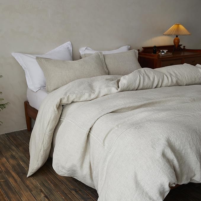 Simple&Opulence 100% Washed Linen Duvet Cover Set 78"x86" - 3 Pieces Soft Farmhouse Comforter Set Double Embroidered with Button Closure - 1 Duvet Cover and 2 Pillowshams (Linen, Full)