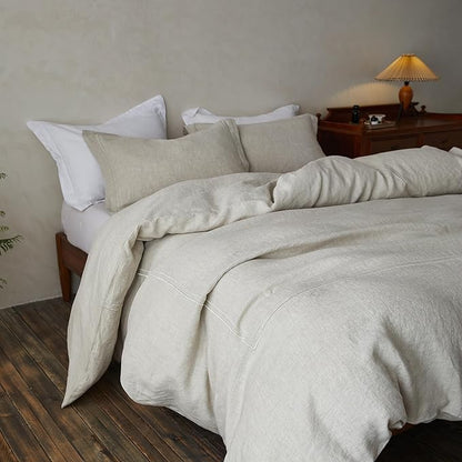 Simple&Opulence 100% Washed Linen Duvet Cover Set 78"x86" - 3 Pieces Soft Farmhouse Comforter Set Double Embroidered with Button Closure - 1 Duvet Cover and 2 Pillowshams (Linen, Full)