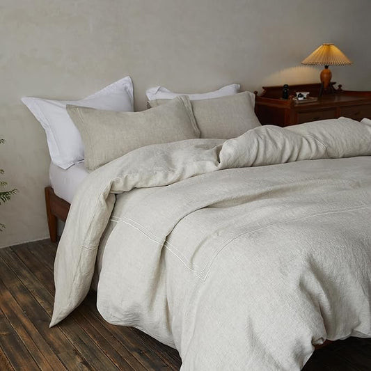Simple&Opulence 100% Washed Linen Duvet Cover Set 78"x86" - 3 Pieces Soft Farmhouse Comforter Set Double Embroidered with Button Closure - 1 Duvet Cover and 2 Pillowshams (Linen, Full)