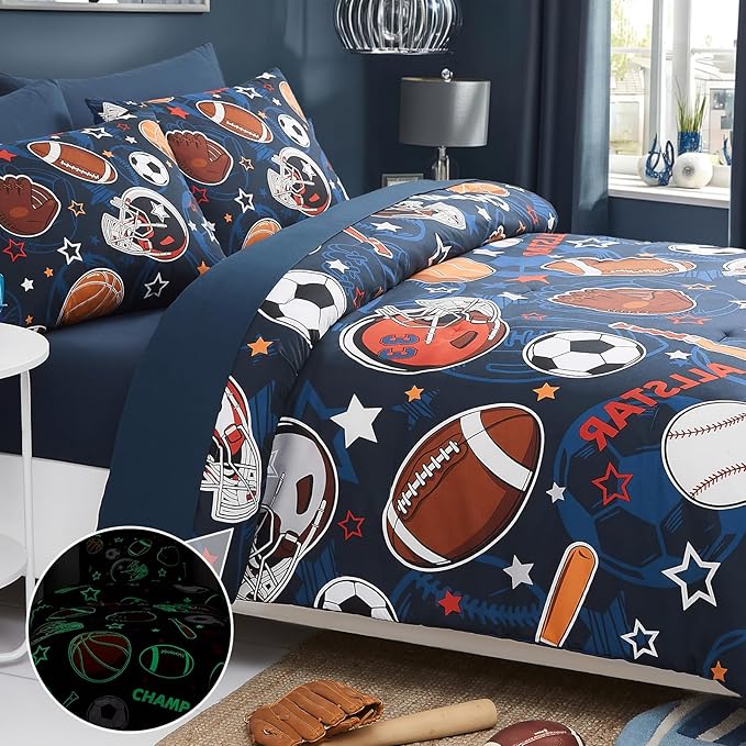 Twin Comforter Set for Boys-5 Pieces Sports Ball Games Glow in the Dark Twin Bedding Sets for Kids, Ultra Soft Bed in A Bag with Sheets