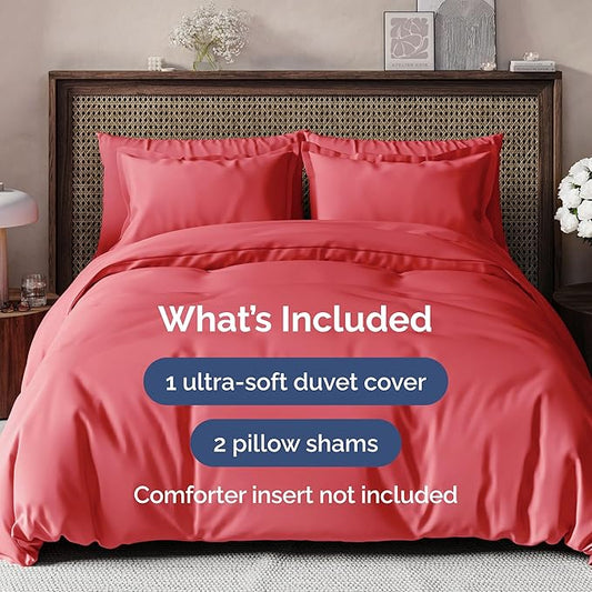 Duvet Cover Queen Size Set - Extra Soft Queen Duvet Cover 90" x 90" with 2 Pillow Shams - Hotel Luxury, Easy Care and Fade Free w/ Zipper Closures & Ties - All Season, Comfy, Cozy & Breathable (Red)