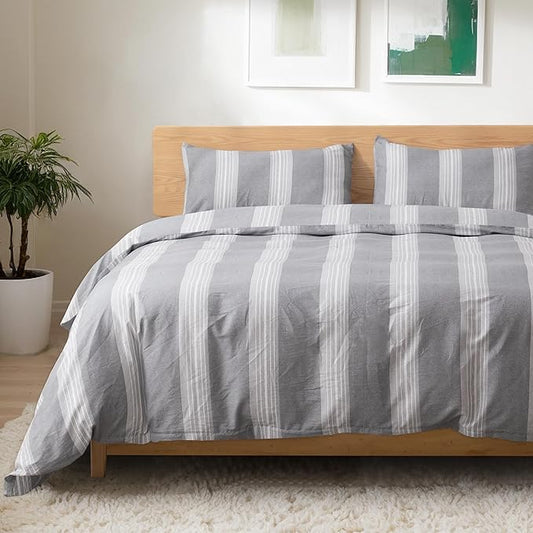 TOCOMOA Striped Duvet Cover Set 100% Natural Cotton Soft Comfy Breathable 3 Piece Light Grey and White Pattern Printed Comforter Cover Bedding Set (King 104"x90", Comforter Not Included)