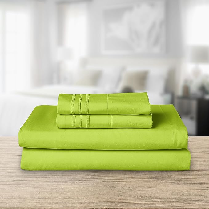 Elegant Comfort Luxurious 1500 Premium Hotel Quality Microfiber Three Line Embroidered Softest 4-Piece Bed Sheet Set, Wrinkle and Fade Resistant, King, Lime