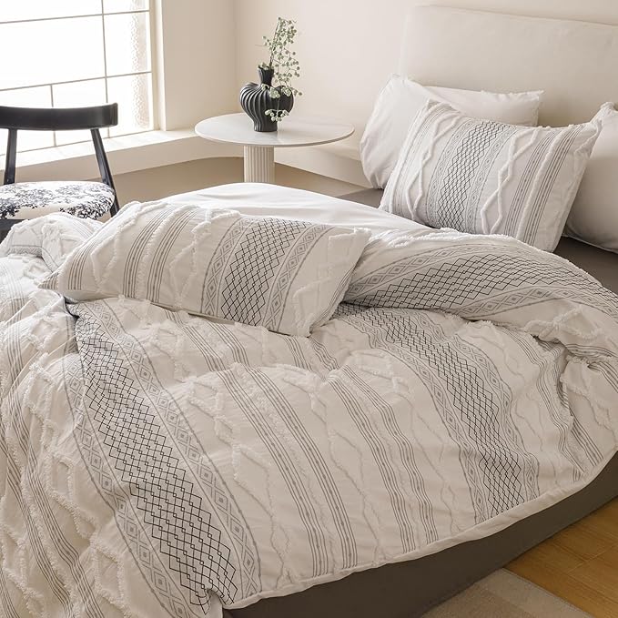 Luxlovery Boho White Comforter Set Queen Women Men Farmhouse White Black Jacquard Bedding Set Bohemian Country Blanket Quilts Durable Soft Breathable 3PCS Comforter Set Queen Bed
