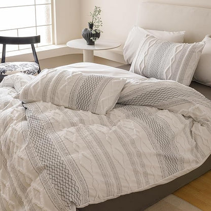 Luxlovery Boho White Comforter Set Full Women Men Farmhouse White Black Jacquard Bedding Set Bohemian Country Blanket Quilts Durable Soft Breathable 3PCS Comforter Set Full Bed