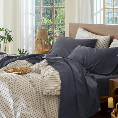 MooMee Bedding Sheet Set 100% Washed Cotton Linen Like Textured Breathable Durable Soft Comfy (Solid Deep Grey, King)