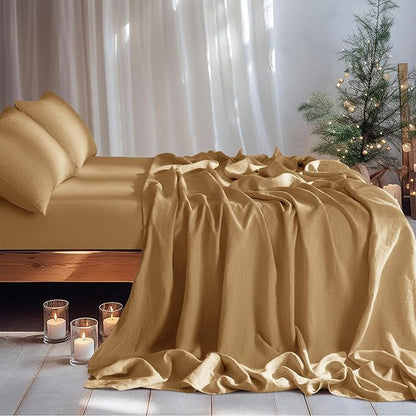 LBRO2M 100% Pure Linen Sheet Set Deep Pocket Up to 16" Bed Sheets Sets, Natural Flax Beddings Soft, Breathable, Comfortable for All Seasons 4 Pcs Sheet Set Queen Size, Rust