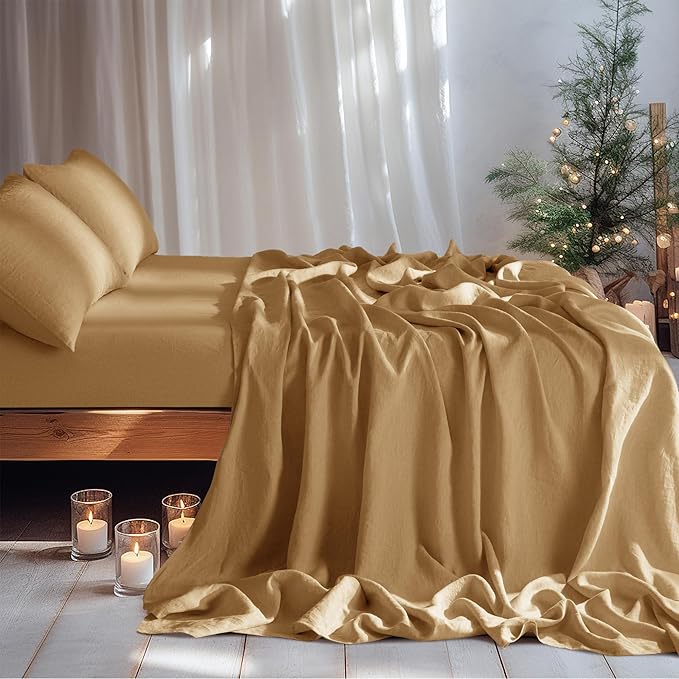 LBRO2M 100% Pure Linen Sheet Set Deep Pocket Up to 16" Bed Sheets Sets, Natural Flax Beddings Soft, Breathable, Comfortable for All Seasons 4 Pcs Sheet Set California King Size, Rust