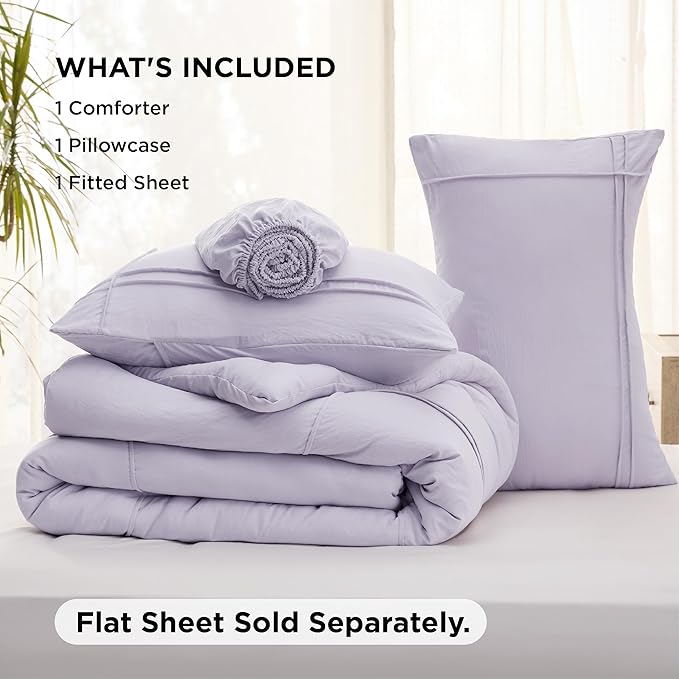 Bedsure Twin Comforter Set with Sheet - 3 Pieces Soft Lavender Purple Bedding, Grid Pinch Pleat, All Season Lightweight Fluffy Bed Set with Solid Boho Comforter, Pillowcase & Sheet