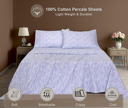 ZOYER 100% Cotton Sheets – Full Size Percale Bedding, Cooling & Breathable, Durable with a Crisp, Soft & Comfortable Feel, 16" Deep Pocket, 4-Piece Set, Paisley Imprint