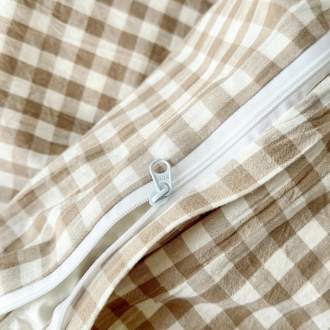 LifeTB Tan Gingham Duvet Cover California King 100% Washed Cotton Grid Bedding Set Beige Plaid Checked Duvet Cover 3 Pieces Vintage Grid Checkered Comforter Cover Soft Breathable Gingham Bedding Set