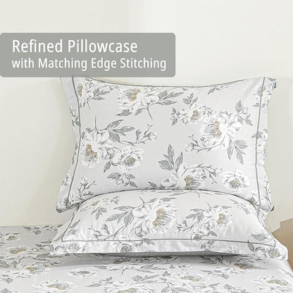 Floral Cotton Comforter Queen Size - Light Grey Comforter Printed with Vintage Ivory Flowers & Dark Yellow Stamens,Reversible Lightweight Bedding Sets 3Pcs(90"×90")