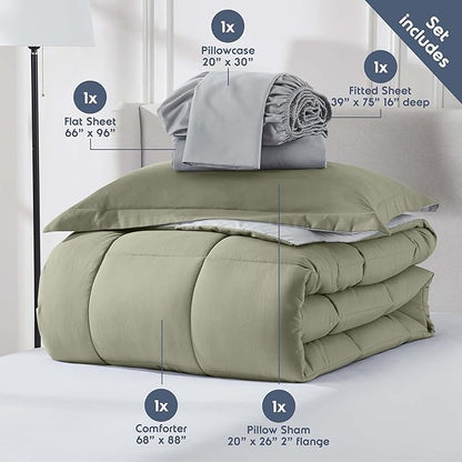 Nestl 5 Piece Twin Comforter Set – Light Sage Reversible Bed in a Bag – Complete Twin Size Bedding Set with Sheets, Pillowcase and Sham