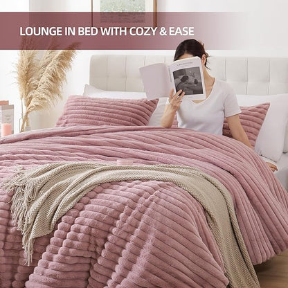 Smoofy Fluffy Twin Comforter Sets 2 Pieces - Old Pink Fleece Fluffy Comforter Set, Luxury Fuzzy Twin Bedding Set, Soft Warm Comforter All Season, Heavy Faux Fur Comforter with Pillow Cases