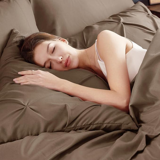 Bedsure Full Comforter Set Brown - Bed in a Bag Full Size Bedding Set 7 Pieces, GentleSoft™ Pintuck Bed Set Gift for Family, Pinch Pleat All Season Comforter with Sheets, Pillowcases & Shams