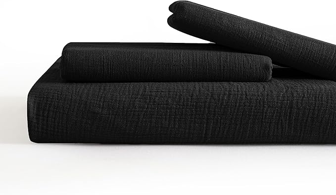 SE SOFTEXLY Muslin Duvet Cover King Size, 100% Washed Cotton Duvet Cover Set, Ultra Soft Comforter Cover Linen Like, 3 Pieces Minimalist Gauze Duvet Cover with 2 Pillowcases, 90"x104", Black