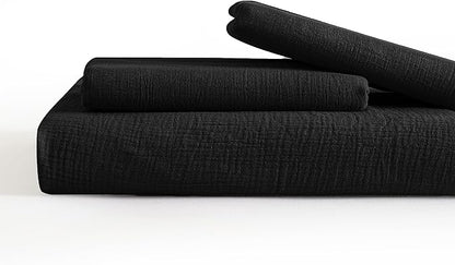 SE SOFTEXLY Muslin Duvet Cover Queen Size, 100% Washed Cotton Duvet Cover Set, Ultra Soft Comforter Cover Linen Like, 3 Pieces Minimalist Gauze Duvet Cover with 2 Pillowcases, 90"x90", Black