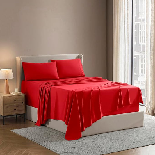 Nestl Short Queen Sheet Set - 1800 Ultra-Soft Microfiber - Double Brushed - Deep Pockets - Easy Fit - 4 Piece Set - Bed Sheets (Short Queen, Red)
