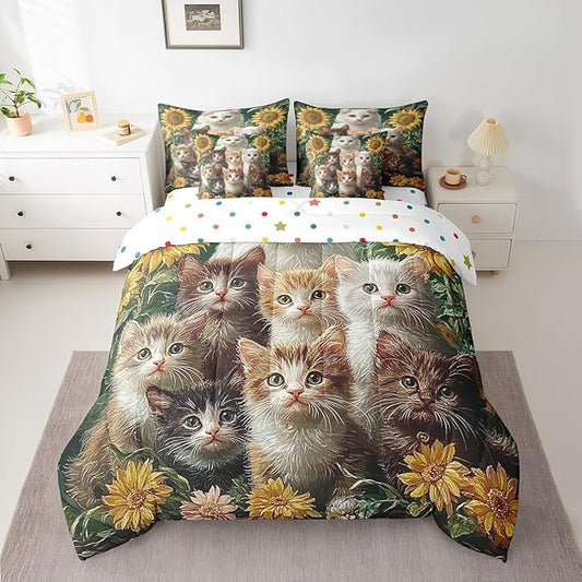 Feelyou Cute Cat Comforter Set 7 Pieces Queen Size Sunflower Bedding Set for Boys Girls Kawaii Pet Kitten Bed in a Bag with Comforter, Sheets, Pillowcases & Cushion Covers