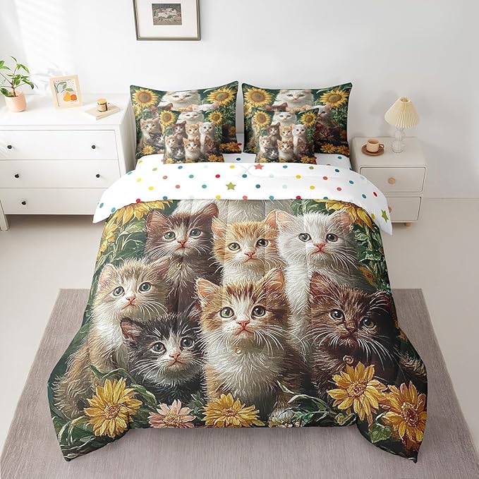Feelyou Cute Cat Comforter Set 7 Pieces King Size Sunflower Bedding Set for Boys Girls Kawaii Pet Kitten Bed in a Bag with Comforter, Sheets, Pillowcases & Cushion Covers