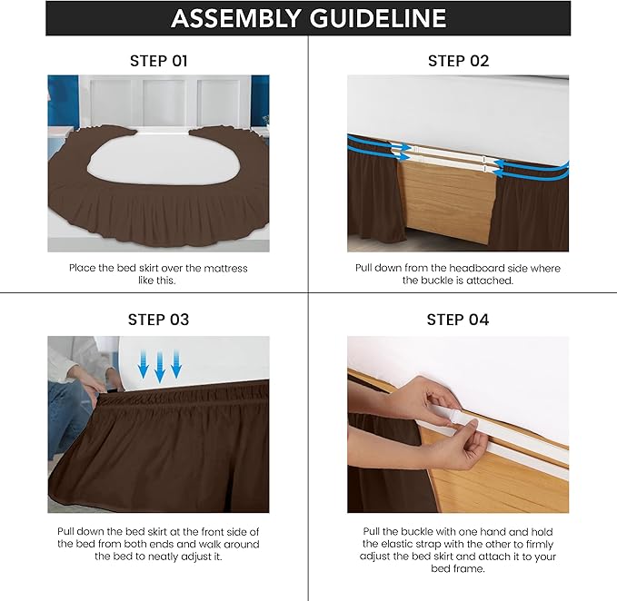 Wrap Around Ruffle Queen Size Bed Skirt – Adjustable Buckle & Elastic Belt for Easy Installation, 16 Inch Drop – Brushed Microfiber - Machine Washable, Fade and Wrinkle Resistant, Brown