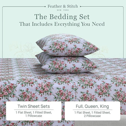 Feather & Stitch Softest 100% Cotton Sheets, 300 Thread Count Percale Weave Bedding, 16" Deep Pocket, Cooling Sheets, Breathable Bed Set, Hotel Premium Quality (Twin, Floral)