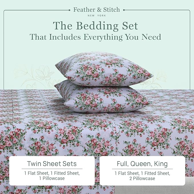 Feather & Stitch Softest 100% Cotton Sheets, 300 Thread Count Percale Weave Bedding, 16" Deep Pocket, Cooling Sheets, Breathable Bed Set, Hotel Premium Quality (King, Floral)