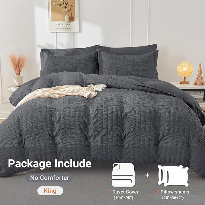 HYMOKEGE Dark Grey Duvet Cover King Size, Ultra Soft 3-Piece Seersucker Duvet Cover Set with Zipper Closure, Soft Brushed Microfiber Bedding Set with 8 Corner Ties (104"x90", 2 Pillowshams)