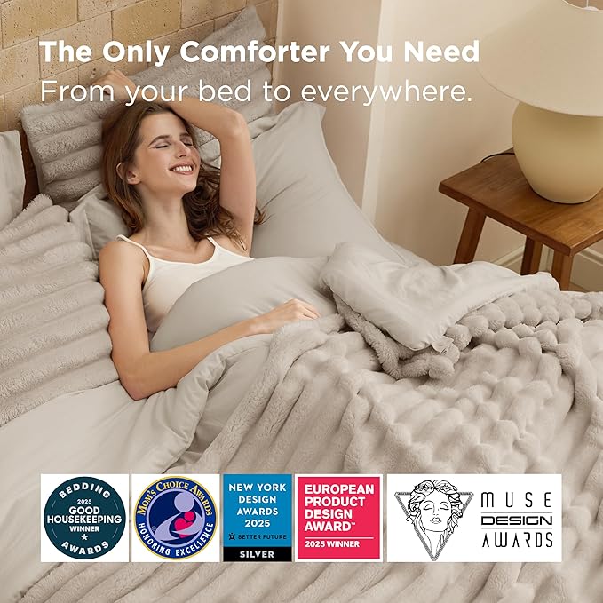Bedsure Gentlesoft™ 2-in-1 Oversized King Comforter Set and Detachable Fluffy Blanket, Beige Bedding Set for All Season Use, SnapTech Design for Space Saving (Includes 2 Pillow Shams, 2 Pillowcases)