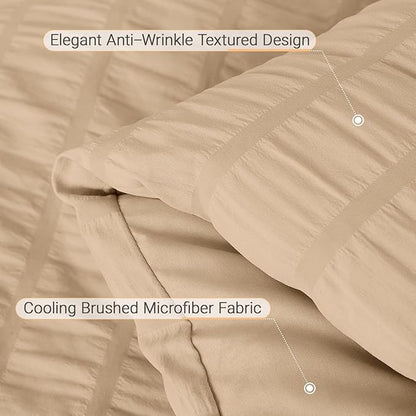 MUXHOMO 7 Pieces King Comforter Set, Seersucker Bed in a Bag King Size, All Season Luxury Bedding Set with Comforter, Flat Sheet, Fitted Sheet, Pillowcases & Shams, Khaki