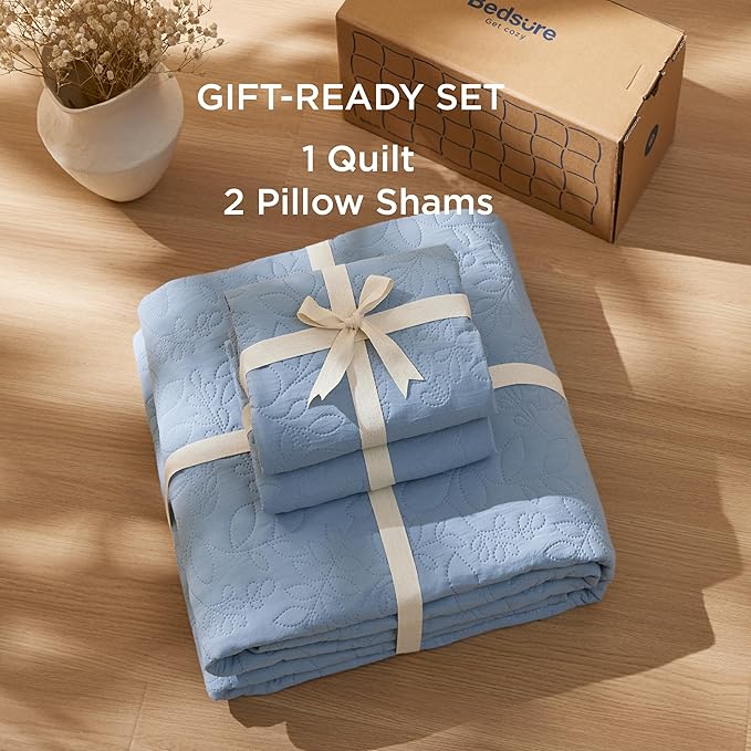 Bedsure Quilts Queen Size - Ultra Soft Pre-Washed Cloud-Like Bedding, All-Season Lightweight Comforter for Country Bedroom, Leaf Design Coverlet in Mineral Blue, 90 x 96 Inches | Stitch-Free Quilting, Ultra Soft, Lightweight, Machine Washable, Pet-Frie...