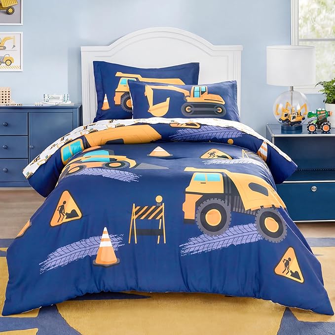 Joiedomi Kid Twin Comforter Set 5 Piece Construction Vehicle Bedding Set for Boys Girls Super Soft Microfiber Bed in a Bag with Comforter Sheets Pillowcase Sham