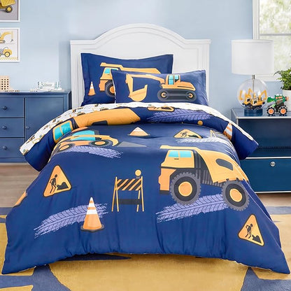 Joiedomi Kid Twin Comforter Set 5 Piece Construction Vehicle Bedding Set for Boys Girls Super Soft Microfiber Bed in a Bag with Comforter Sheets Pillowcase Sham