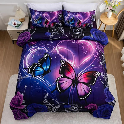 A Nice Night Galaxy 6pcs Bed in A Bag Purple and Blue Dreamy 3D Butterfly Printed, Butterflies Bedding Twin Comforter Set, for Girls Kids Teens
