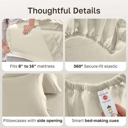 California Design Den - Luxury Full Size Sheet Set - 100% Cotton, 600 Thread Count Deep Pocket Full Size Bed Sheets, Sateen Weave - Ivory (Warm Cream)