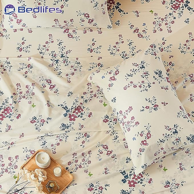 Bedlifes 100% French Linen Sheets King Size – Floral Printed, Botanical Pattern Breathable Cooling Sheet Set, 16" Deep Pocket, 4-Piece (King, Floral Red)