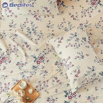 Bedlifes 100% French Linen Sheets Queen Size – Floral Printed, Botanical Pattern Breathable Cooling Sheet Set, 16" Deep Pocket, 4-Piece (Queen, Floral Red)