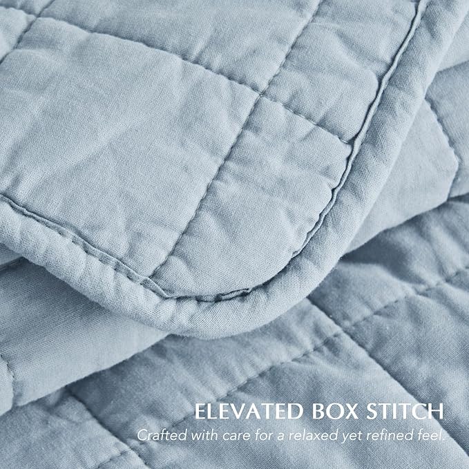 EVERGRACEHOME 100% Cotton Box Stitch Quilt Bedding Set King Size 3 Pieces, Garment-Washed Lightweight Soft Cozy Coverlet, Oversized Quilted Bedspread Sets with 2 Shams for All Season, Blue Linen