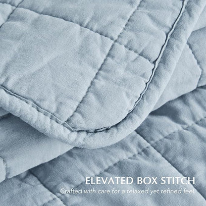 EVERGRACEHOME 100% Cotton Box Stitch Quilt Bedding Set King Size 3 Pieces, Garment-Washed Lightweight Soft Cozy Coverlet, Oversized Quilted Bedspread Sets with 2 Shams for All Season, Blue Linen