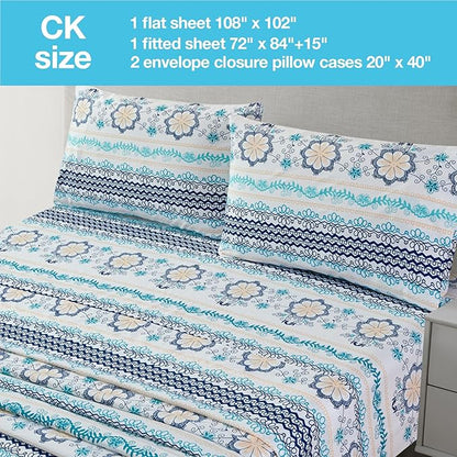 JSD Blue Boho Printed Sheet Set Cal King, 4 Piece Soft Floral Microfiber Sheets Extra Deep Pocket Wrinkle Free