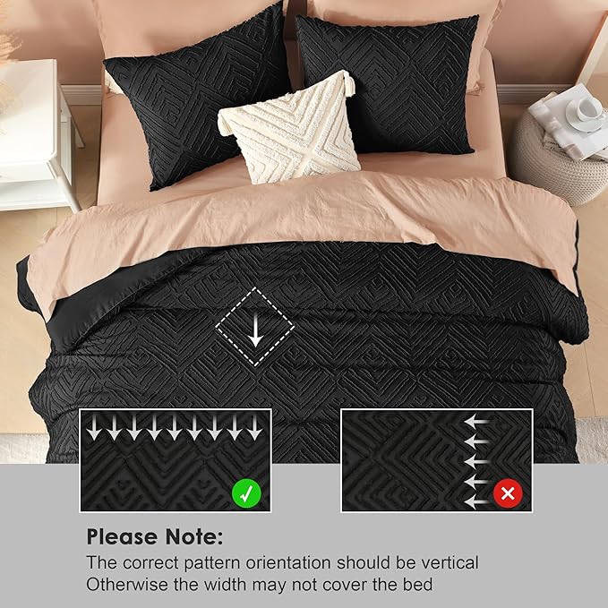 Litanika Super King Comforter Black, 3 Pieces Tufted Boho Farmhouse Bedding Comforter Set, Lightweight Fluffy All Season Comforter Set (120x120In Comforter & 2 Pillowcases)