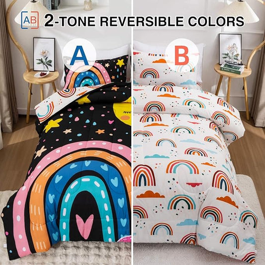 Btargot Lightweight Soft 3 Piece Rainbow Comforter Set with 2 Pillow Covers, Cartoon Love Hearts Flowers and Sun Moon Star Bedding Set for Girls Boys Kids, Twin Black