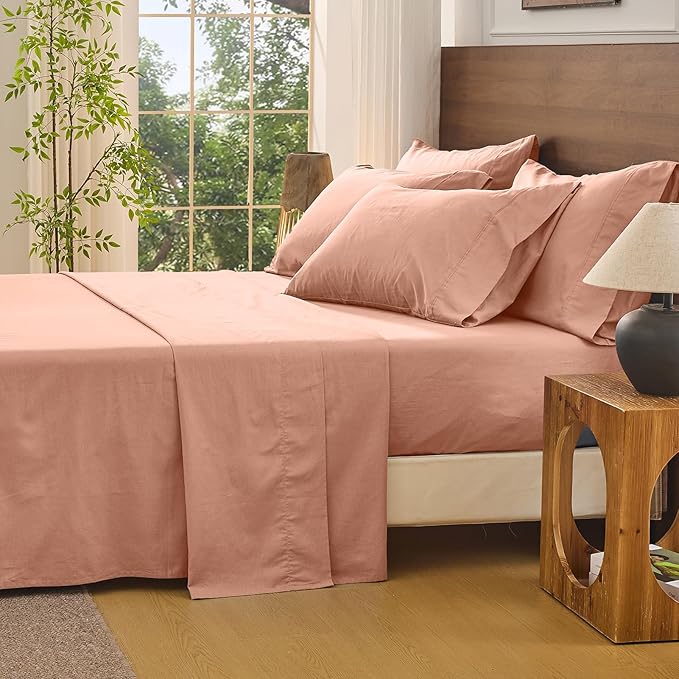 Bedlifes 100% French Linen Sheets California King Size 18-24" Extra Deep Pocket 4-Piece Set Breathable & Moisture-Wicking,Soft & Durable Sheets for Thick Mattresses(Blush Pink)