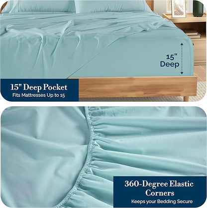 Casa Platino Twin XL Sheets Sets – 100% Cotton Twin XL Sheets Cooling with 2 Pillowcases, 15" Deep Pocket Fitted Sheet, Crisp & Smooth Feel, Ultra Soft & Cozy, Fit – Blue Sky