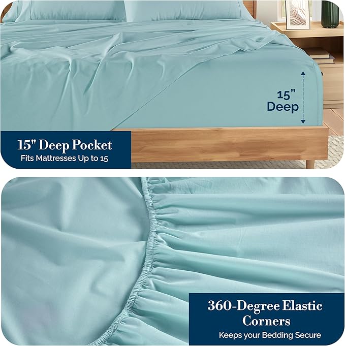 Casa Platino Cal King Sheets Sets – 100% Cotton Cal King Sheets Cooling with 4 Pillowcases, 15" Deep Pocket Fitted Sheet, Crisp & Smooth Feel, Ultra Soft & Cozy, Fit – Blue Sky